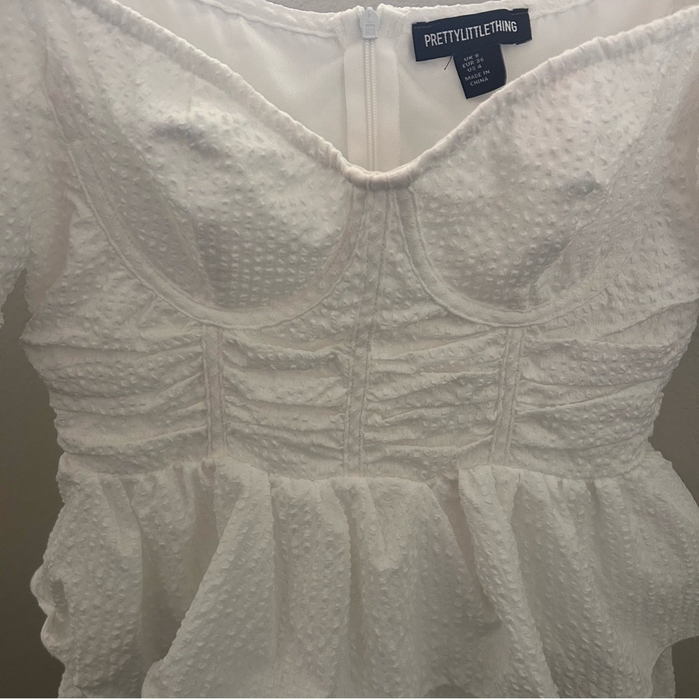 PrettyLittleThing Mini Dress Size 4‎ White Tiered Ruffle Puff Sleeve Corset - Picture 15 of 15